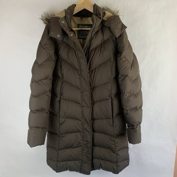 Eddie Bauer Womens Puffer Coat Quilted Goose Down Hooded Fur Jacket Medium Brown - Picture 1 of 14